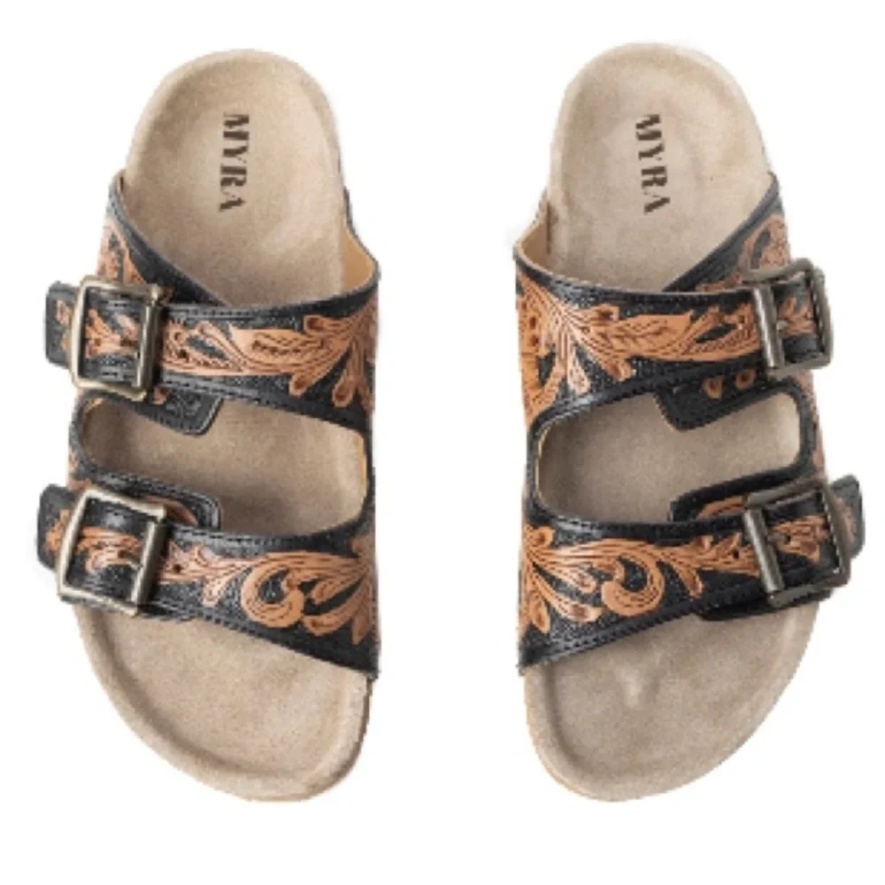 New Summer Myra Bag Handmade Tooled Genuine Leather Spring Sandals Black Brown - Picture 5 of 15